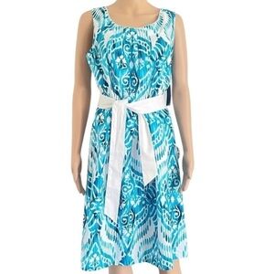 Tahari sleeveless paisley abstract white teal dress A-line zipper scoop neck 12